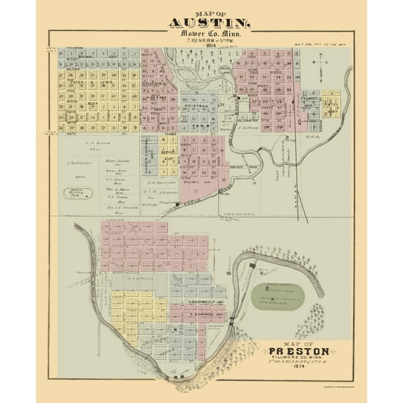 Historic City Map - Austin Preston Minnesota - Andreas 1874 - Vintage Wall Art