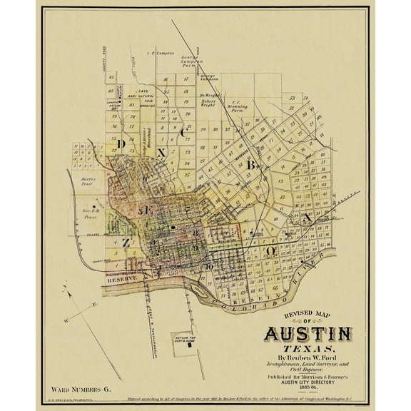 Historic City Map - Austin Texas - Ford 1885 - 23 x 27.81 - Vintage Wall Art