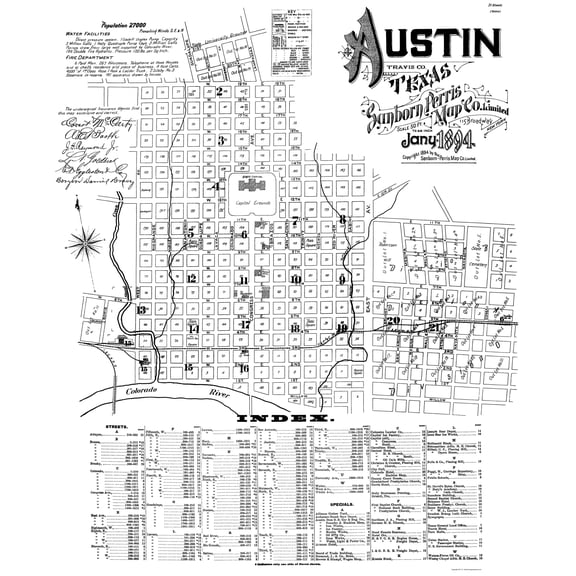 Historic City Map - Austin Texas - Sanborn 1894 - 23 x 25.98 - Vintage Wall Art