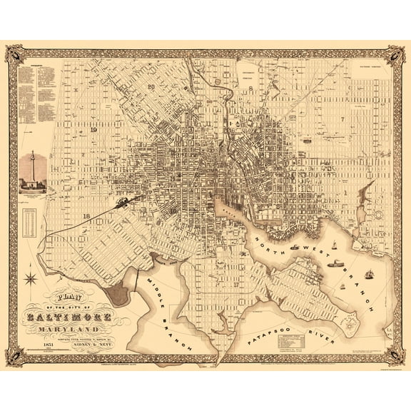 Historic City Map - Baltimore Maryland - Van Derveer 1851 - 28.5 x 23 - Vintage Wall Art