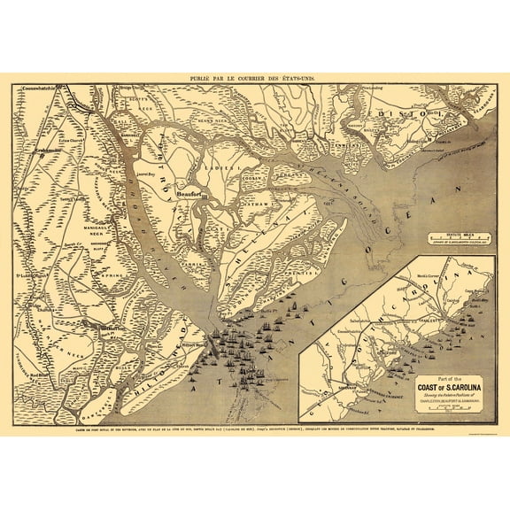 Historic City Map - Beaufort Savannah Charleston South Carolina - Colton 1863 - 32.19 x 23 - Vintage Wall Art