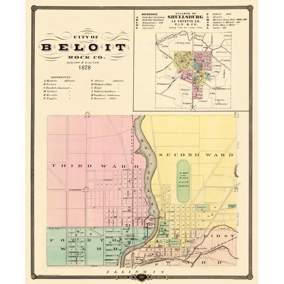 Historic City Map - Beloit Shullsburg Wisconsin - Snyder 1878 - 23 x 28 - Vintage Wall Art