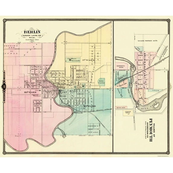 Historic City Map - Berlin Plymouth Wisconsin - Snyder 1878 - 28.06 x 23 - Vintage Wall Art