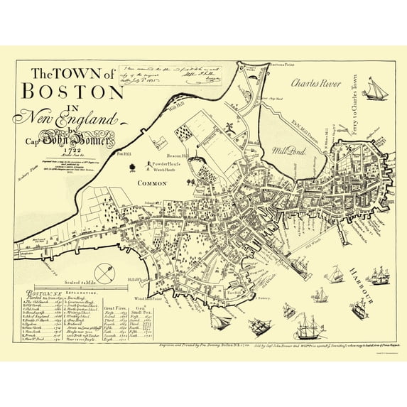 Historic City Map - Boston Massachusetts - Derving 1722 - Vintage Wall Art