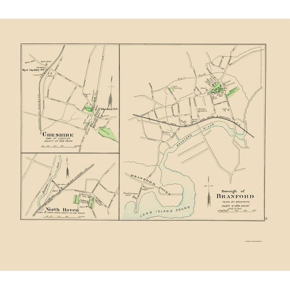 Historic City Map - Branford Connecticut - Hurd 1893 - 23 x 26.44 - Vintage Wall Art