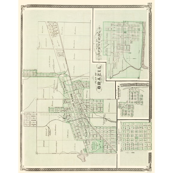 Historic City Map - Brazil Spencer Bowling Green Indiana - Baskin 1876 - Vintage Wall Art