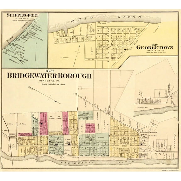 Historic City Map - Bridgewater Georgetown Pennsylvania - Hayes 1877 - 25 x 23 - Vintage Wall Art