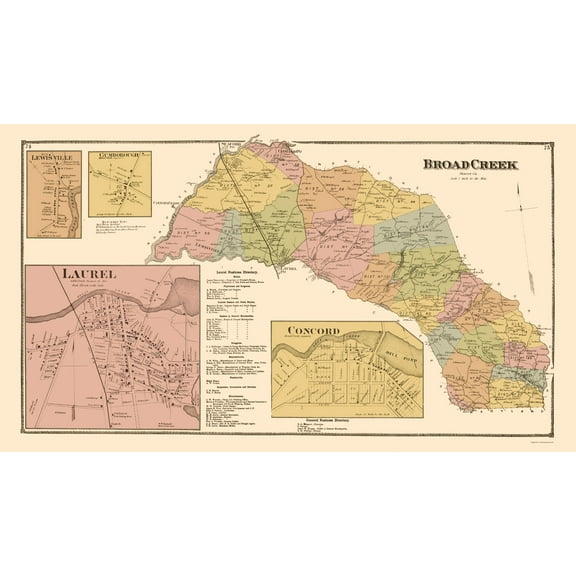Historic City Map - Broad Creek Laurel Concord Delaware - Beers 1868 - 23 x 40.35 - Vintage Wall Art