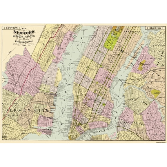 Historic City Map - Brooklyn Jersey City New York - Watson 1891 - 32 x 23 - Vintage Wall Art