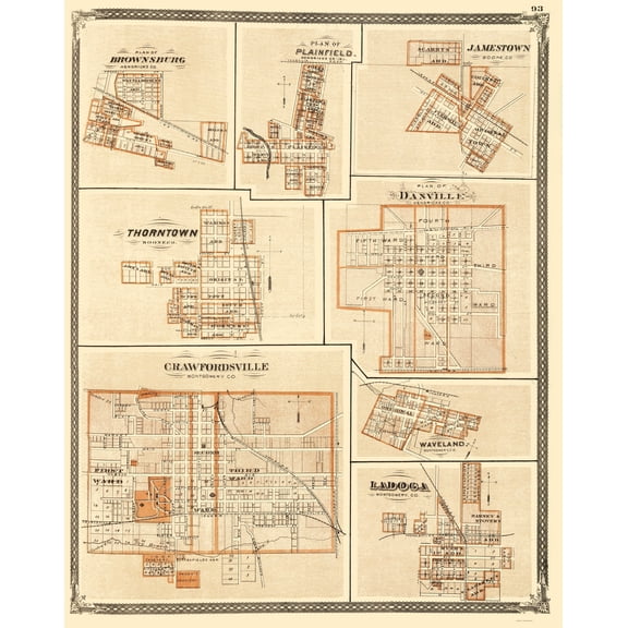 Historic City Map - Brownsburg Plainfield Jamestown Indiana - Baskin 1876 - Vintage Wall Art