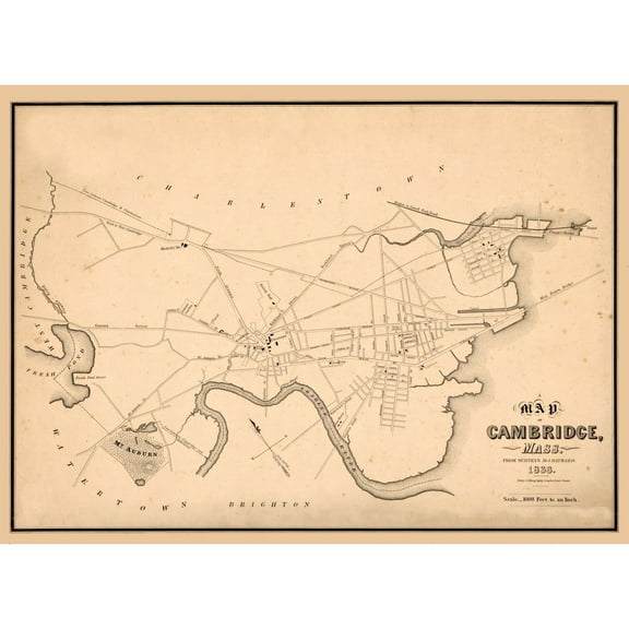 Historic City Map - Cambridge Massachusetts - Hayward 1838 - 31.50 x 23 - Vintage Wall Art