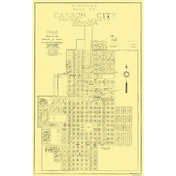 Historic City Map - Carson City Nevada Plat - Curtis 1948 - Vintage Wall Art