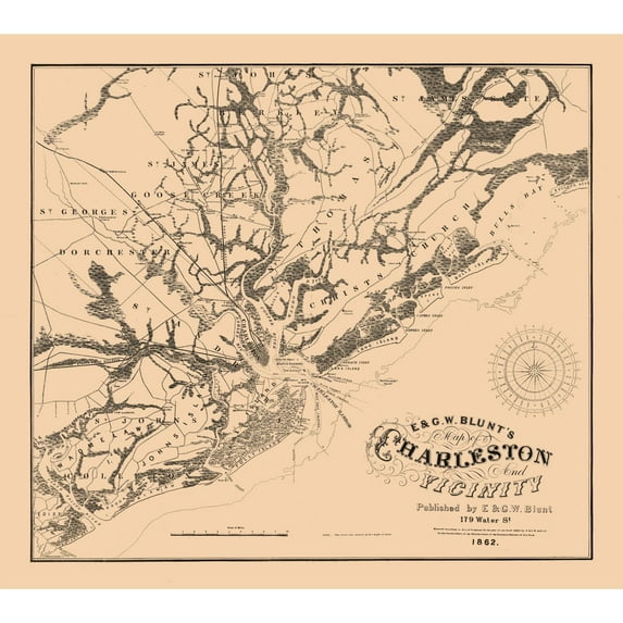 Historic City Map - Charleston South Carolina - Blunt 1862 - Vintage Wall Art