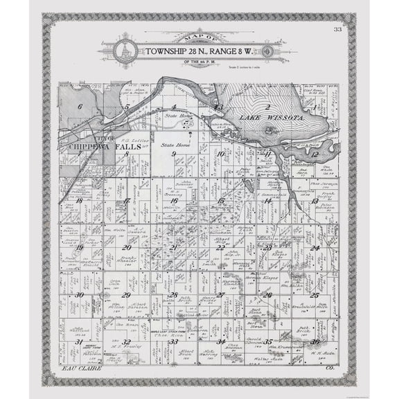Historic City Map - Chippewa Falls - Township 28 N. Range 8 W. - Wisconsin - Vintage Wall Art