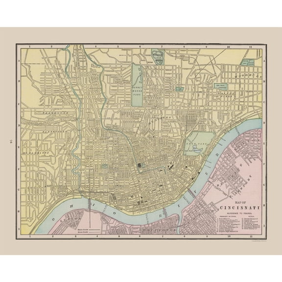 Historic City Map - Cincinnati Ohio - Cram 1892 - Vintage Wall Art