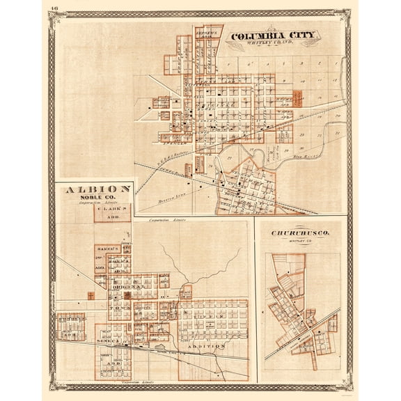 Historic City Map - Columbus City Abion Churubusco Indiana - Baskin 1876 - Vintage Wall Art