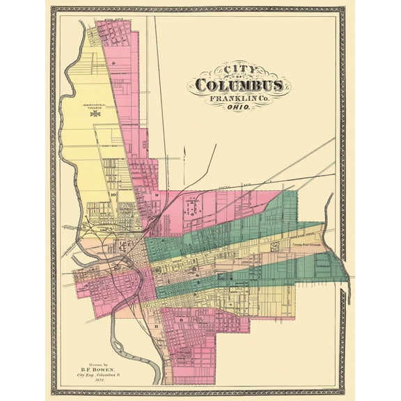 Historic City Map - Columbus Ohio - Bowen 1872 - 23 x 29.69 - Vintage Wall Art