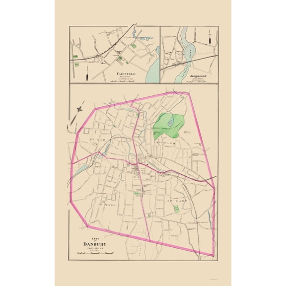 Historic City Map - Danbury Fairfield Saugatuck Connecticut - Hurd 1893 - Vintage Wall Art
