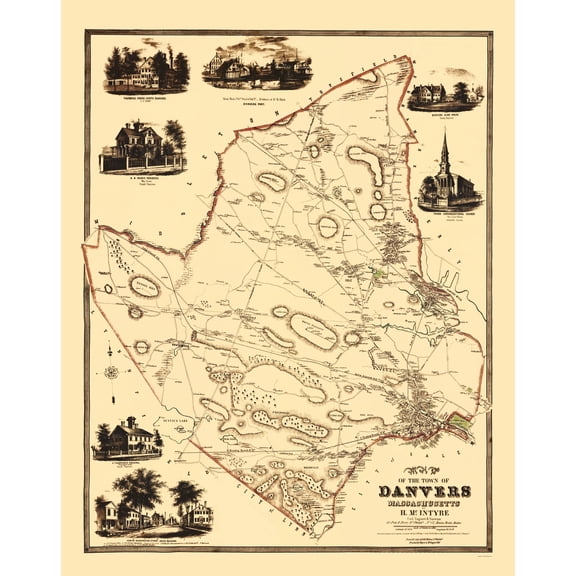 Historic City Map - Danvers Massachusetts County - Friend 1852 - Vintage Wall Art