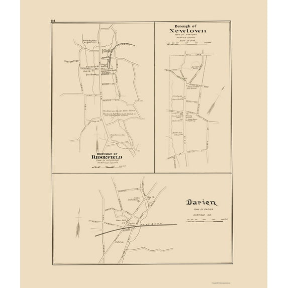 Historic City Map - Darien Newtown Ridgefield Connecticut - Hurd 1893 - 23 x 26.74 - Vintage Wall Art