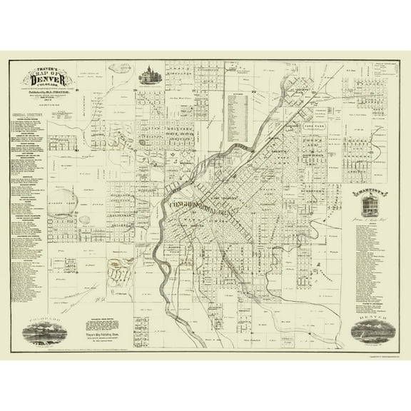 Historic City Map - Denver Colorado - Thayer 1879 - Vintage Wall Art
