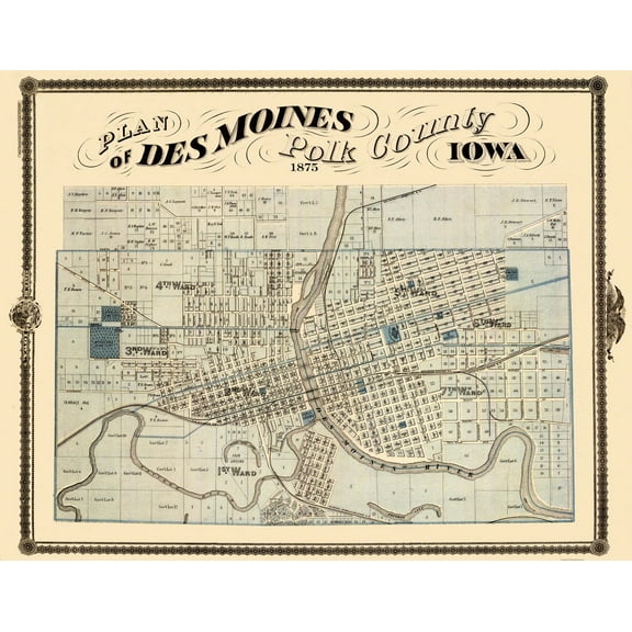 Historic City Map - Des Moines Iowa - Andreas 1875 - 29.63 x 23 - Vintage Wall Art