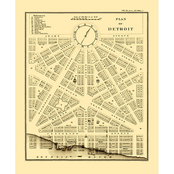Historic City Map - Detroit Michigan Plan - Bowen 1807 - Vintage Wall Art