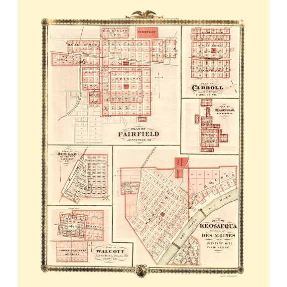 Historic City Map - Fairfield Carroll Birmingham Walcott Keosauqua IA - Andreas 1874