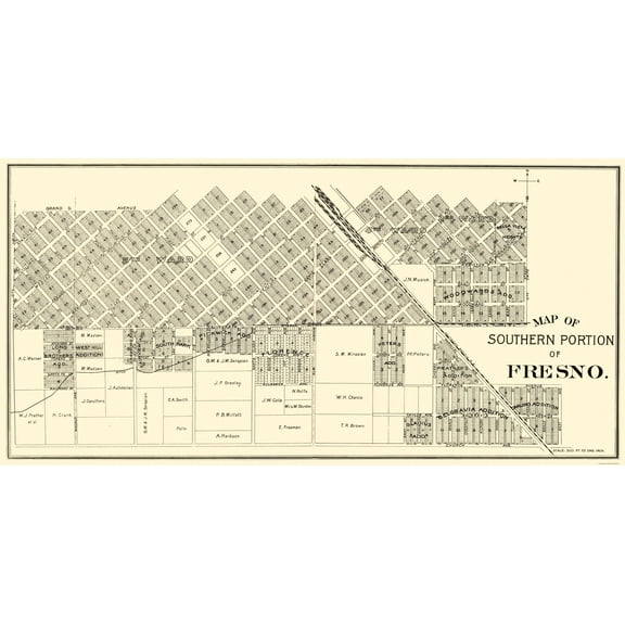 Historic City Map - Fresno Southern California - Thomas 1892 - 23 x 46.66 - Vintage Wall Art