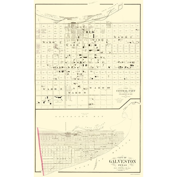 Historic City Map - Galveston Texas - Gray 1884 - Vintage Wall Art