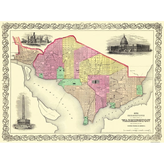 Historic City Map - Georgetown Washington DC - Colton 1856 - Vintage Wall Art