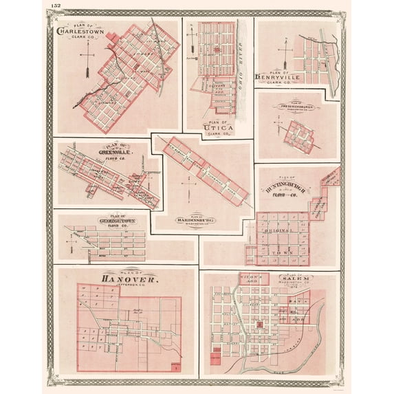 Historic City Map - Hanover Charlestown Utica Salem Greenville Indiana - Baskin 1876 - 23x29 - Vintage Wall Art