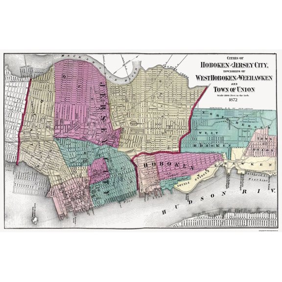 Historic City Map - Hoboken Jersey City New Jersey - Beers 1872 - Vintage Wall Art