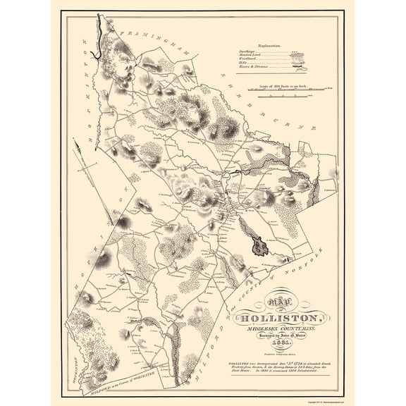 Historic City Map - Holliston Massachusetts - Pendleton 1831 - Vintage Wall Art