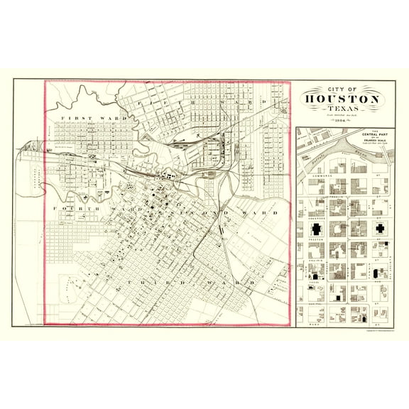 Historic City Map - Houston Texas - 1884 - 23 x 34.46 - Vintage Wall Art