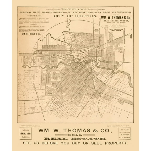 Historic City Map - Houston Texas - Thomas 1890 - 23 x 27.35 - Vintage Wall Art