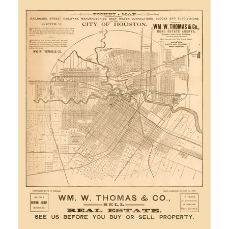 Historic City Map - Houston Texas - Thomas 1890 - Vintage Wall Art price history and forecast - MAPS OF THE PAST