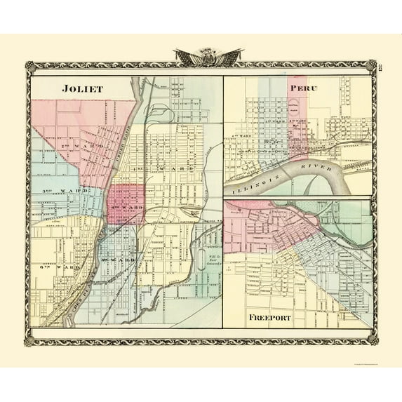 Historic City Map - Joliet Peru Freeport Illinois - Warner 1870 - Vintage Wall Art