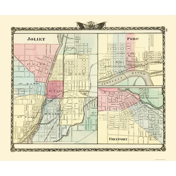 Historic City Map - Joliet Peru Freeport Illinois - Warner 1870 - 23 x 27.68 - Vintage Wall Art