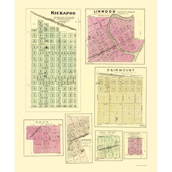 Historic City Map - Kickapoo Linwood Fairmount Kansas - Everts 1887 - 23 x 27.71 - Vintage Wall Art