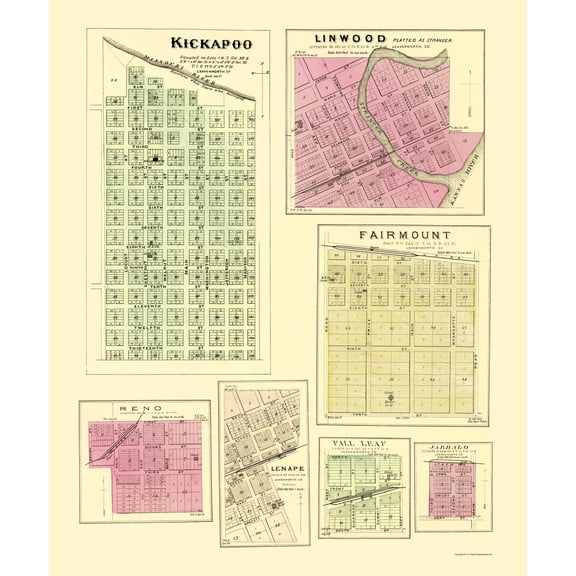 Historic City Map - Kickapoo Linwood Fairmount Kansas - Everts 1887 - Vintage Wall Art