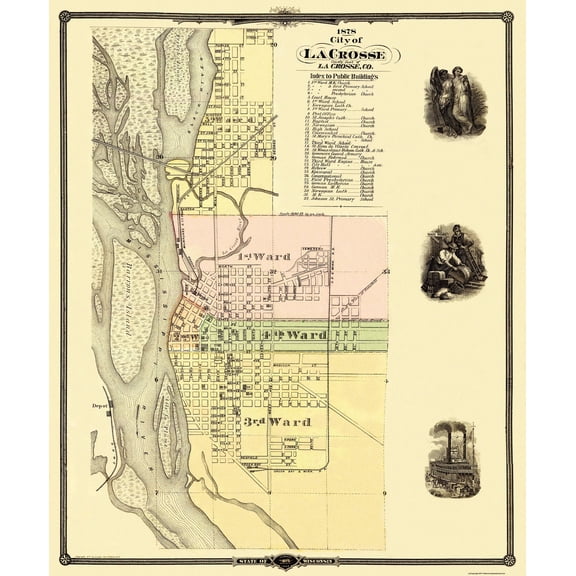 Historic City Map - La Crosse Wisconsin - Snyder 1878 - 23 x 27.75 - Vintage Wall Art