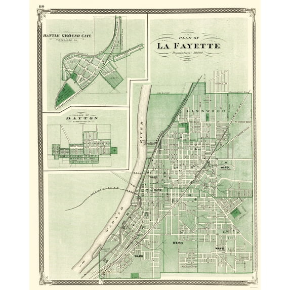 Historic City Map - La Fayette Indiana - Baskin 1876 - Vintage Wall Art