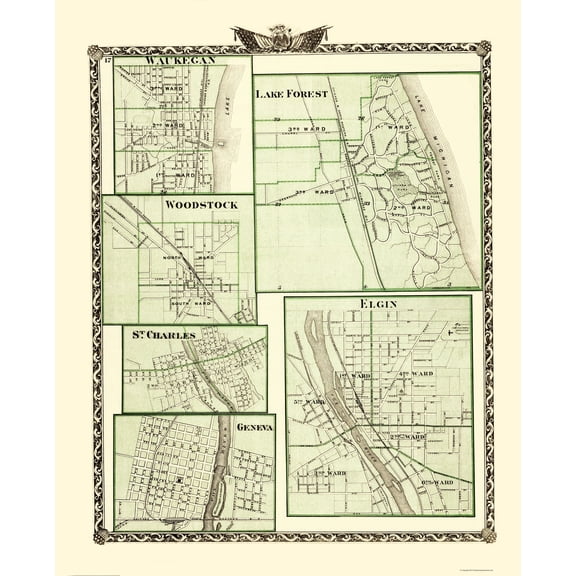 Historic City Map - Lake Forest Elgin Geneva Illinois - Warner 1870 - Vintage Wall Art