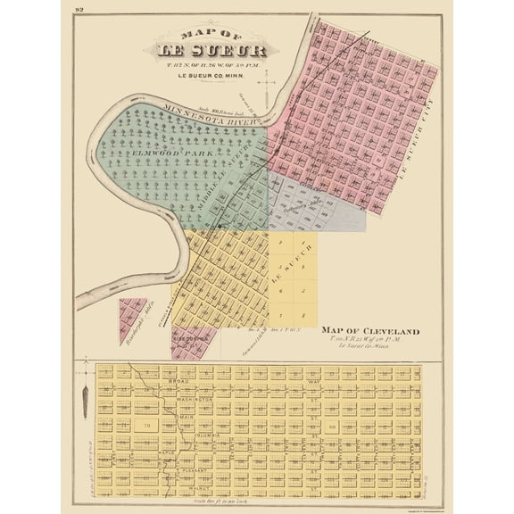 Historic City Map - Le Sueur Cleveland Minnesota - Andreas 1874 - Vintage Wall Art