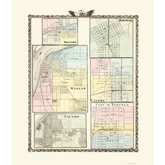 Historic City Map - Macomb Marshall Warsaw Canton Nauvoo Tuscola Illinois - Warner