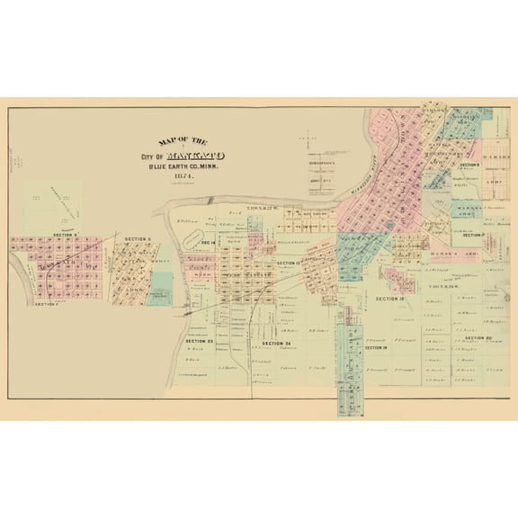 Historic City Map - Mankato Minnesota - Andreas 1874 - Vintage Wall Art