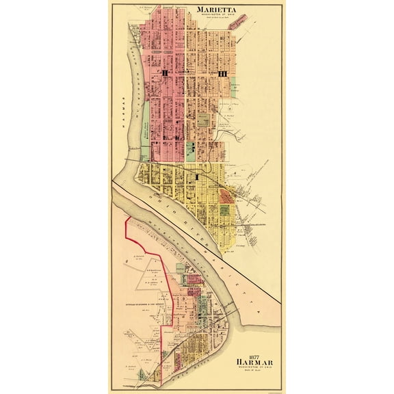 Historic City Map - Marietta Harmar Ohio - Hayes 1877 - 23 x 50.81 - Vintage Wall Art