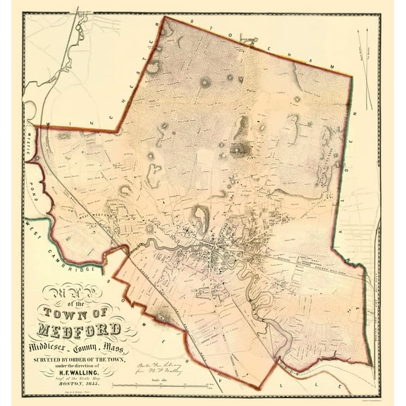 Historic City Map - Medford Massachusetts County - Walling 1855 - 23 x 24.39 - Vintage Wall Art