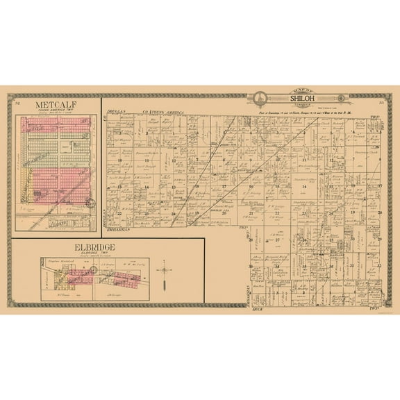 Historic City Map - Metcalf Elbridge Shiloh Illinois - Ogle 1910 - 40.08 x 23 - Vintage Wall Art